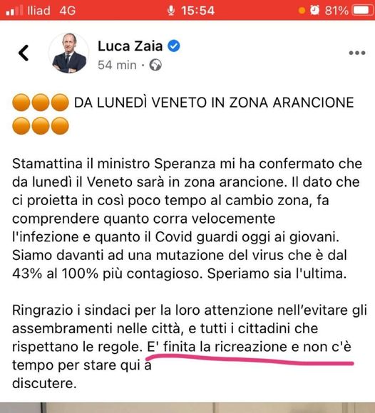 Veneto, «la ricreazione è finita» - Heraldo