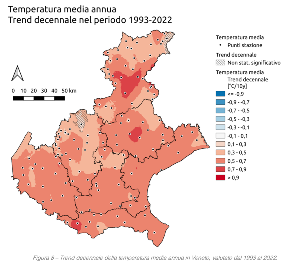 Trend decennale della temperatura media annua in Veneto, valutato dal 1993 al 2022. Fonte: Arpav, Strategia Regionale di Adattamento ai Cambiamenti Climatici, Rapporto 1: Clima e cambiamenti climatici in Veneto